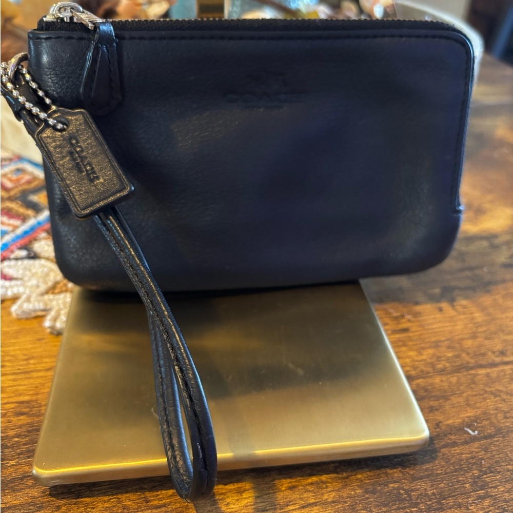 Coach Black Double Zip Leather Wristlet Wallet Silver Hardware